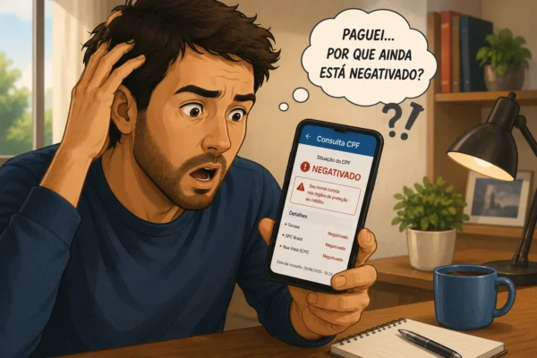 consumidor vendo o nome ainda sujo no Serasa mesmo após pagar a dívida